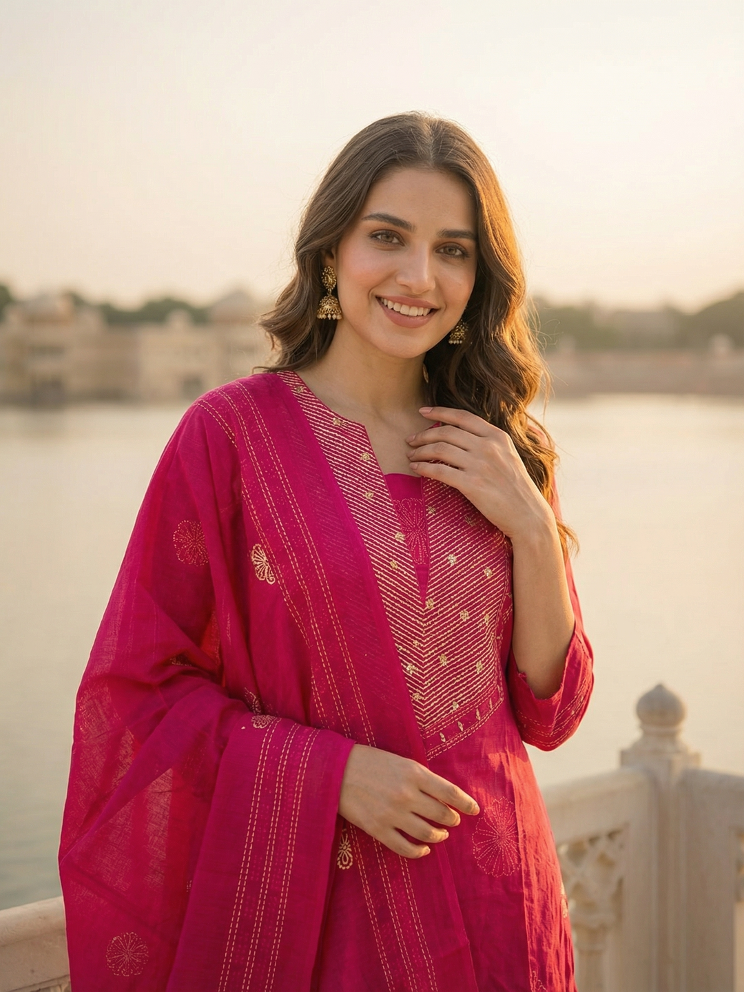 Embroidered Kurta Set with Dupatta - Rani Pink