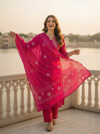 Embroidered Kurta Set with Dupatta - Rani Pink