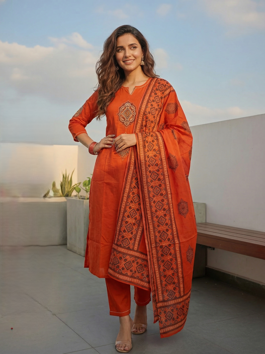 Embroidered Straight Kurta with Pant & Printed Dupatta - Burnt Orange