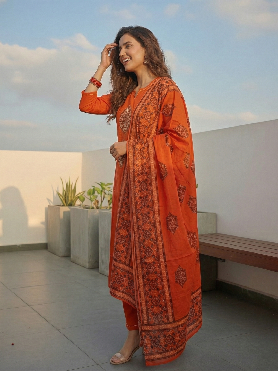 Embroidered Straight Kurta with Pant & Printed Dupatta - Burnt Orange