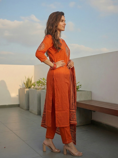 Embroidered Straight Kurta with Pant & Printed Dupatta - Burnt Orange
