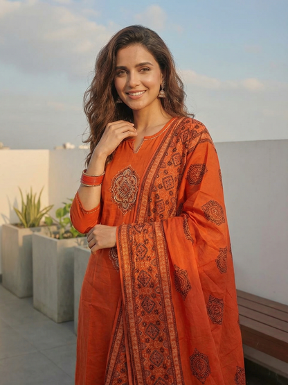 Embroidered Straight Kurta with Pant & Printed Dupatta - Burnt Orange