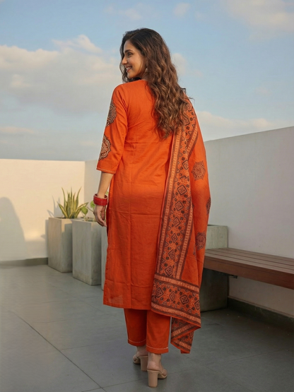 Embroidered Straight Kurta with Pant & Printed Dupatta - Burnt Orange