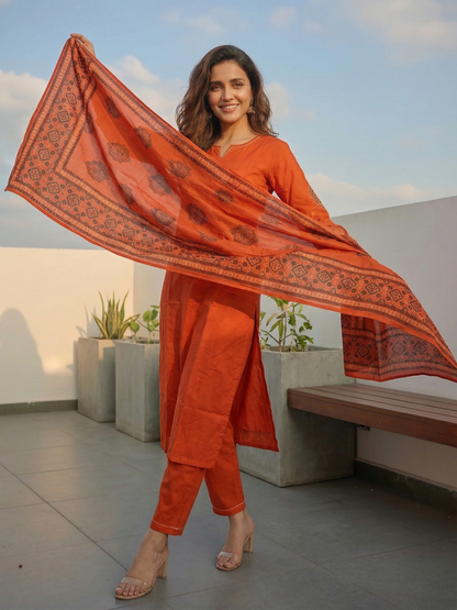 Embroidered Straight Kurta with Pant & Printed Dupatta - Burnt Orange