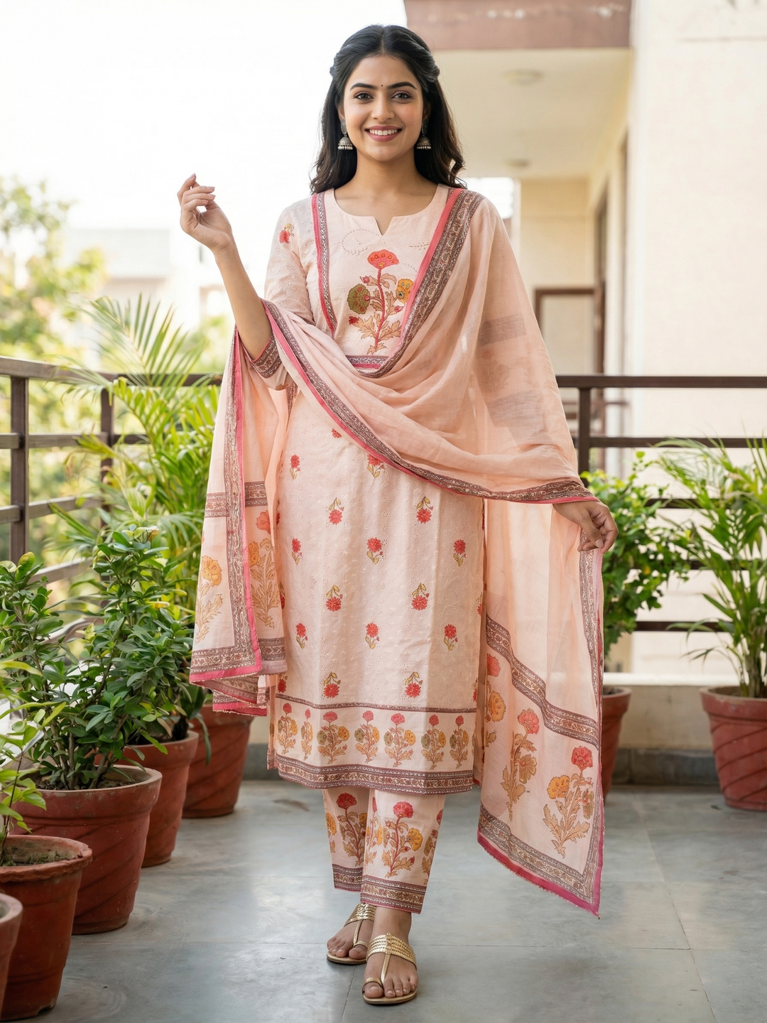 Ethnic Floral Printed & Schiffili Embroidered Straight Kurta with Palazzo & Dupatta - Peach