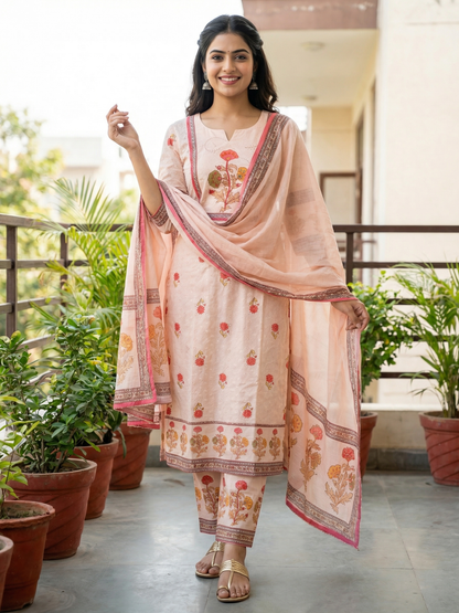 Ethnic Floral Printed & Schiffili Embroidered Straight Kurta with Palazzo & Dupatta - Peach