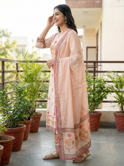 Ethnic Floral Printed & Schiffili Embroidered Straight Kurta with Palazzo & Dupatta - Peach