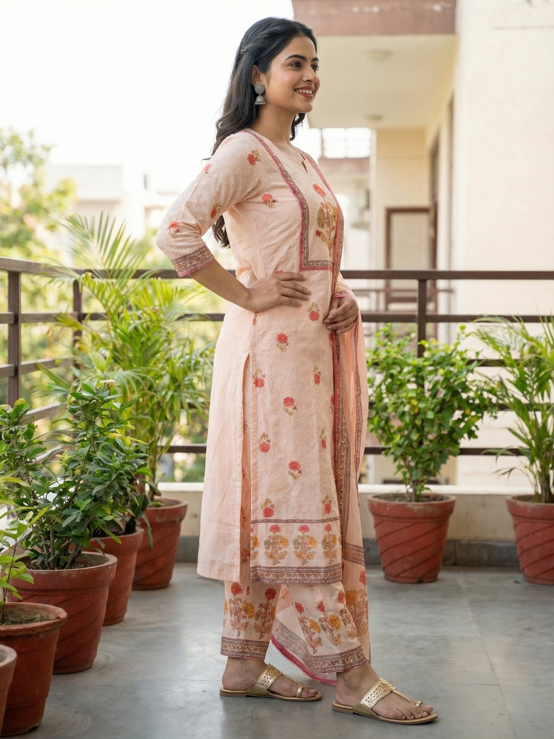Ethnic Floral Printed & Schiffili Embroidered Straight Kurta with Palazzo & Dupatta - Peach