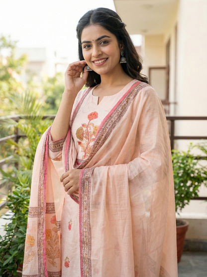 Ethnic Floral Printed & Schiffili Embroidered Straight Kurta with Palazzo & Dupatta - Peach