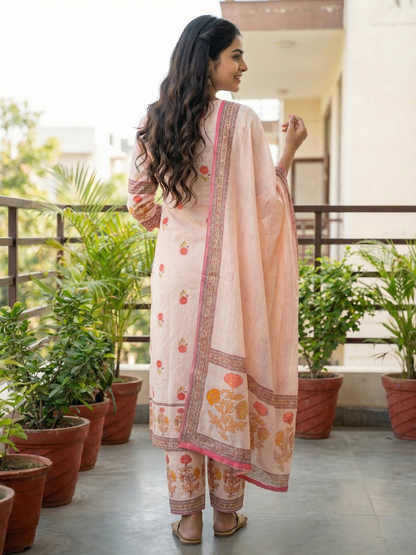 Ethnic Floral Printed & Schiffili Embroidered Straight Kurta with Palazzo & Dupatta - Peach