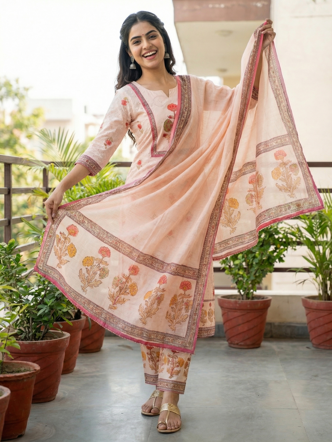 Ethnic Floral Printed & Schiffili Embroidered Straight Kurta with Palazzo & Dupatta - Peach