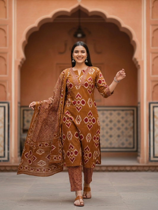 Printed Straight Kurta with Pant & Dupatta - Rustic Brown