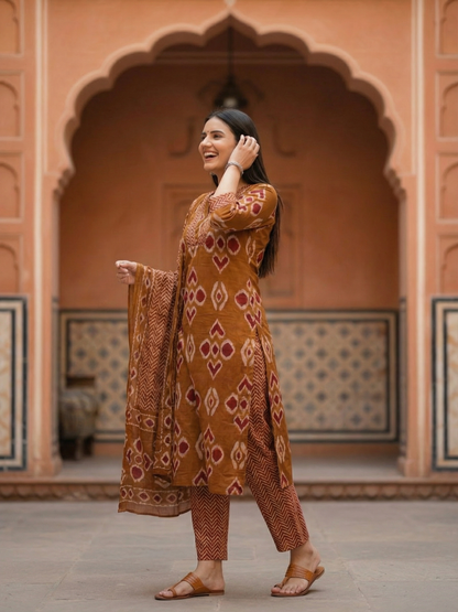 Printed Straight Kurta with Pant & Dupatta - Rustic Brown