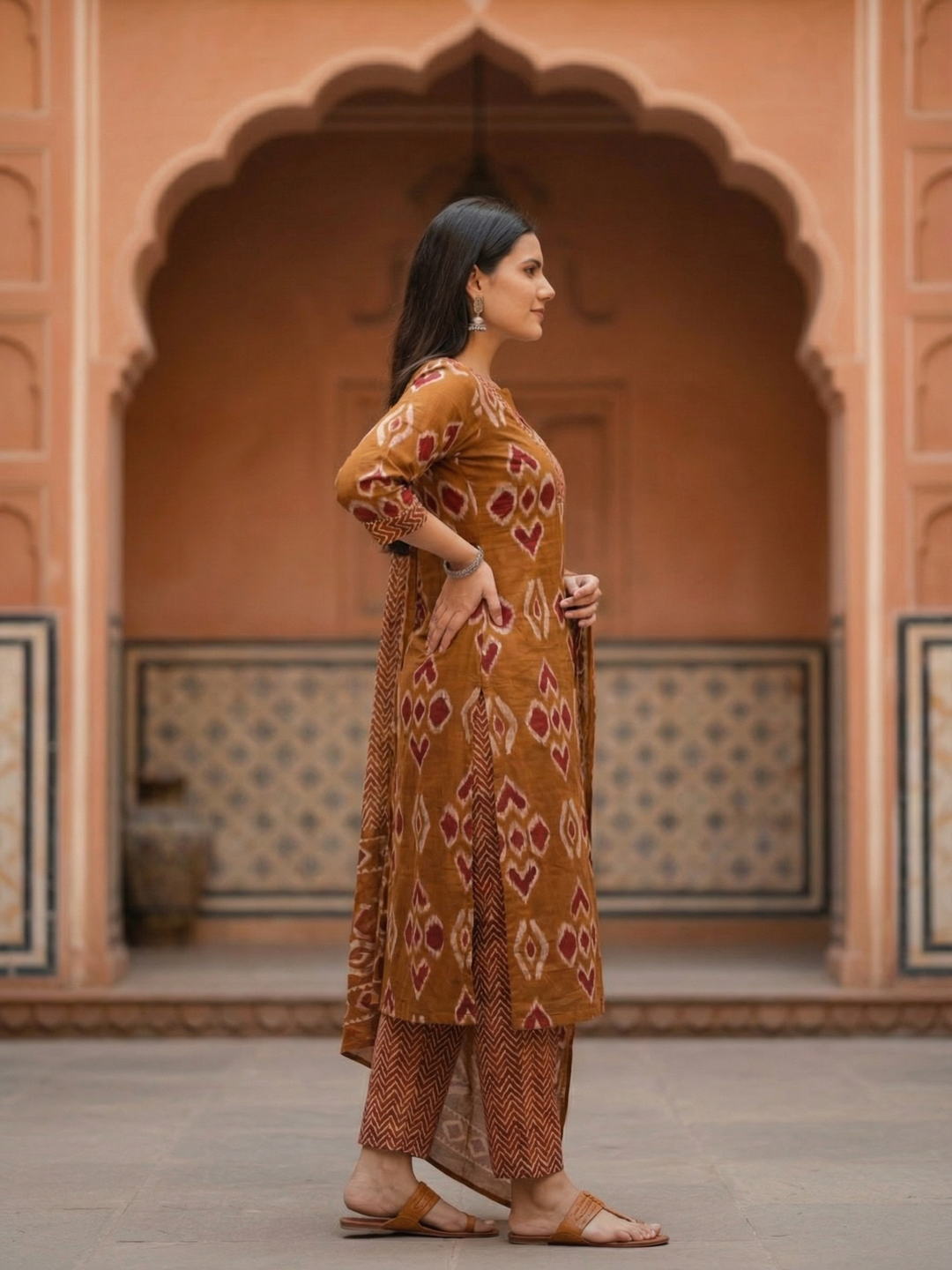 Printed Straight Kurta with Pant & Dupatta - Rustic Brown