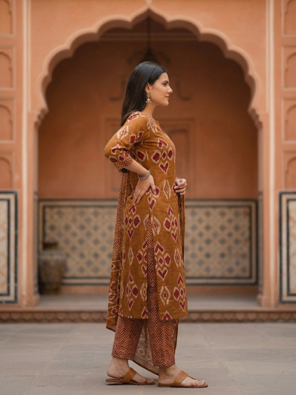 Printed Straight Kurta with Pant & Dupatta - Rustic Brown