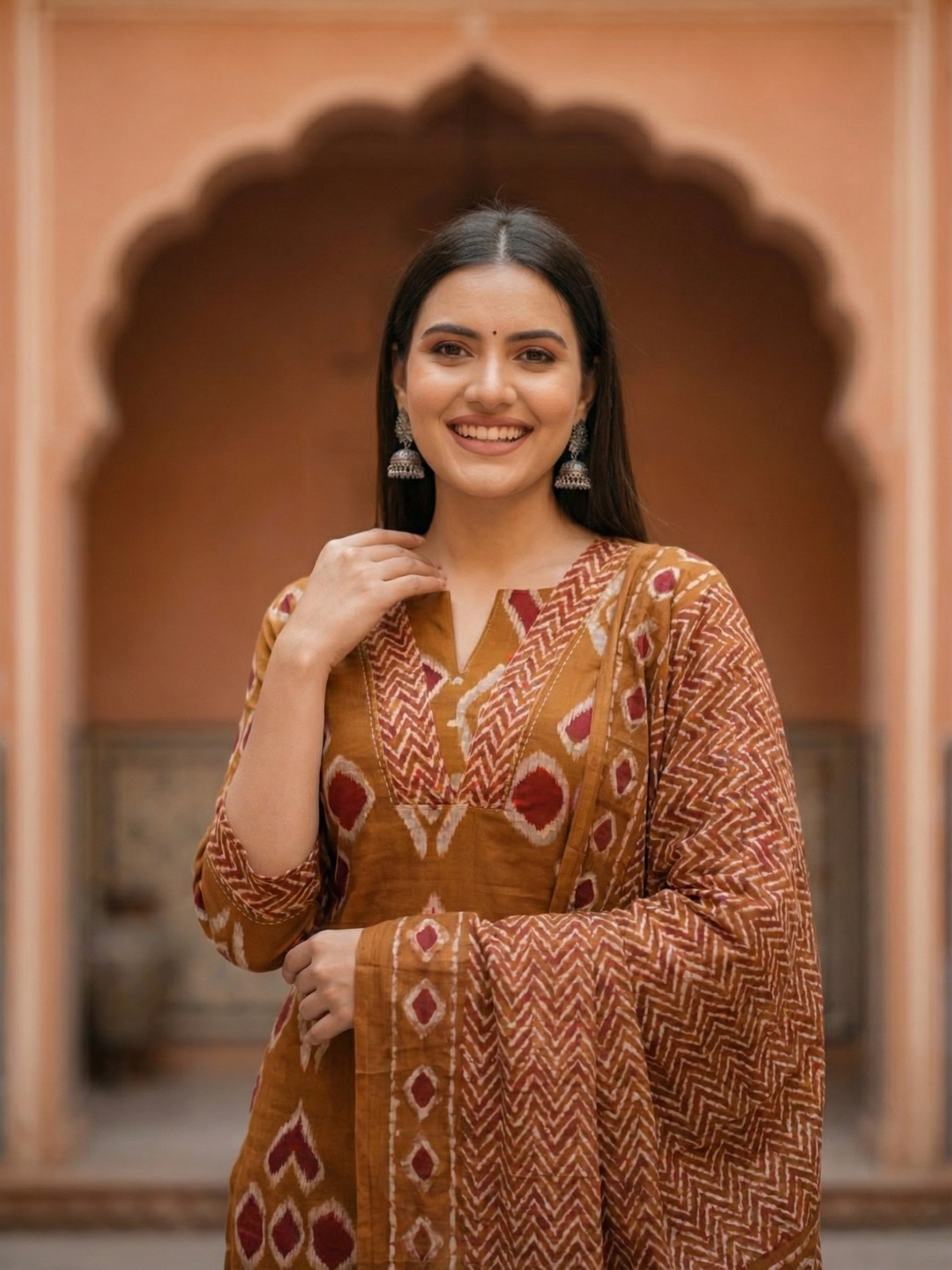 Printed Straight Kurta with Pant & Dupatta - Rustic Brown