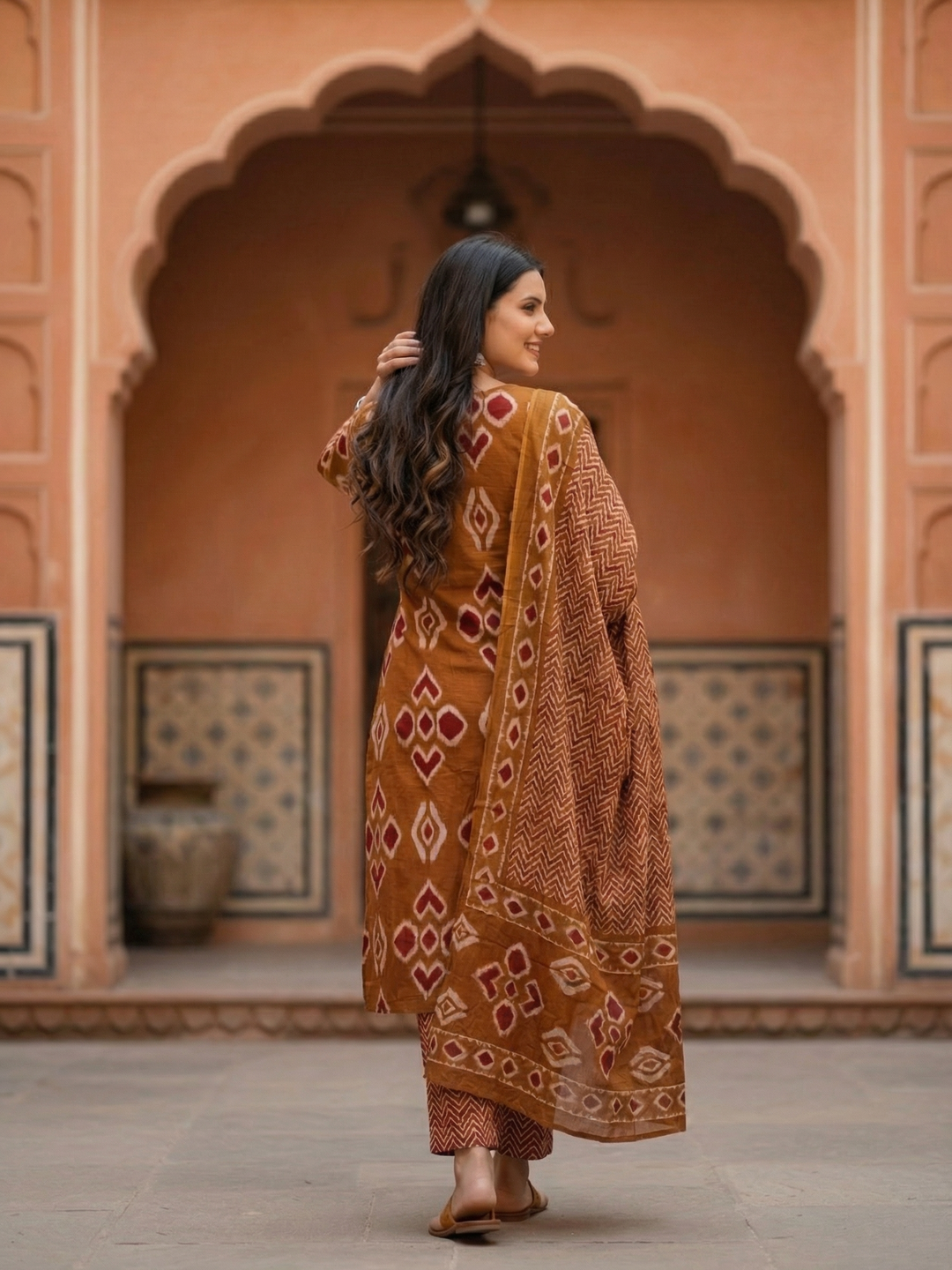 Printed Straight Kurta with Pant & Dupatta - Rustic Brown