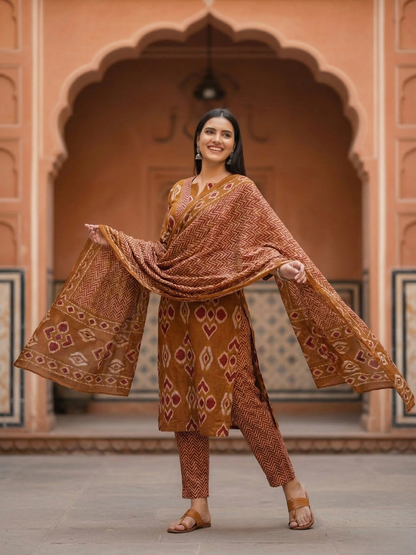 Printed Straight Kurta with Pant & Dupatta - Rustic Brown