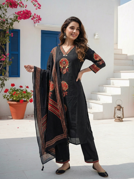 Embroidered Straight Kurta Set with Pant & Dupatta - Classic Black