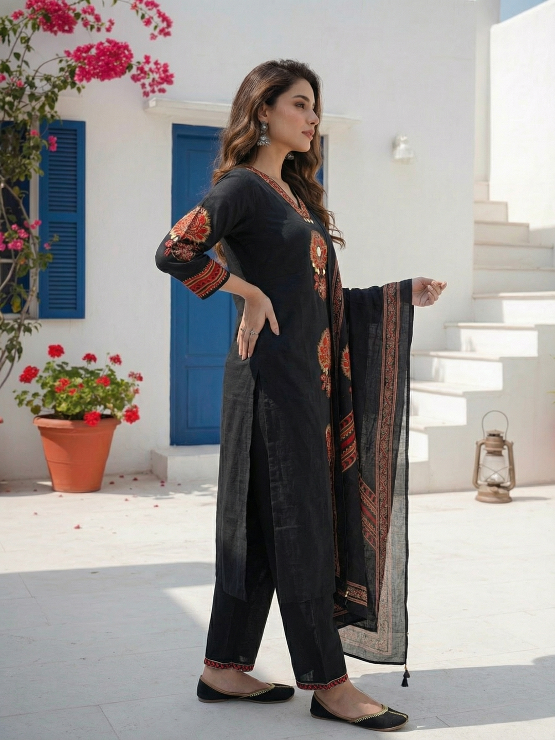 Embroidered Straight Kurta Set with Pant & Dupatta - Classic Black