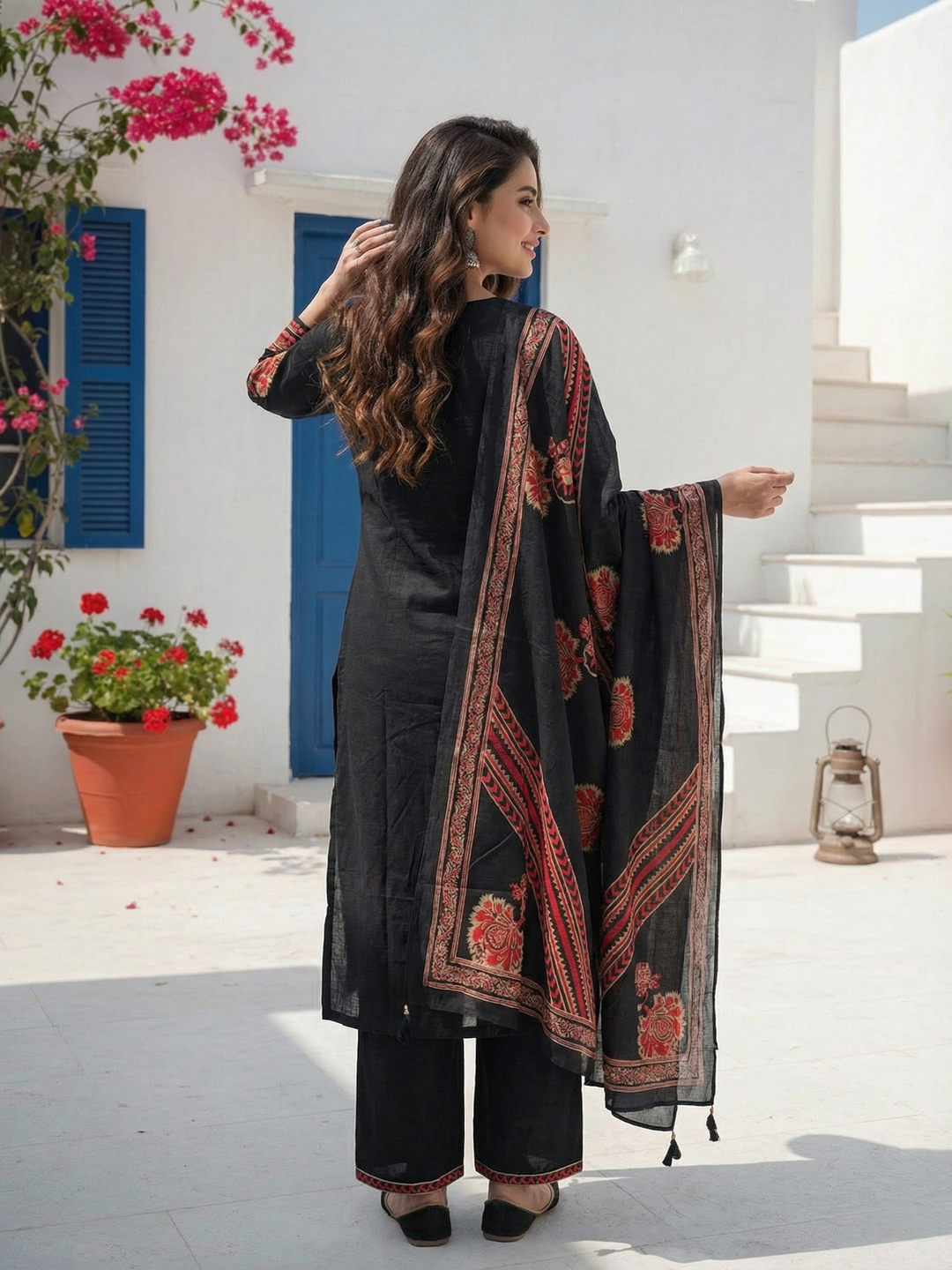 Embroidered Straight Kurta Set with Pant & Dupatta - Classic Black