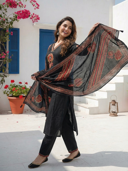 Embroidered Straight Kurta Set with Pant & Dupatta - Classic Black