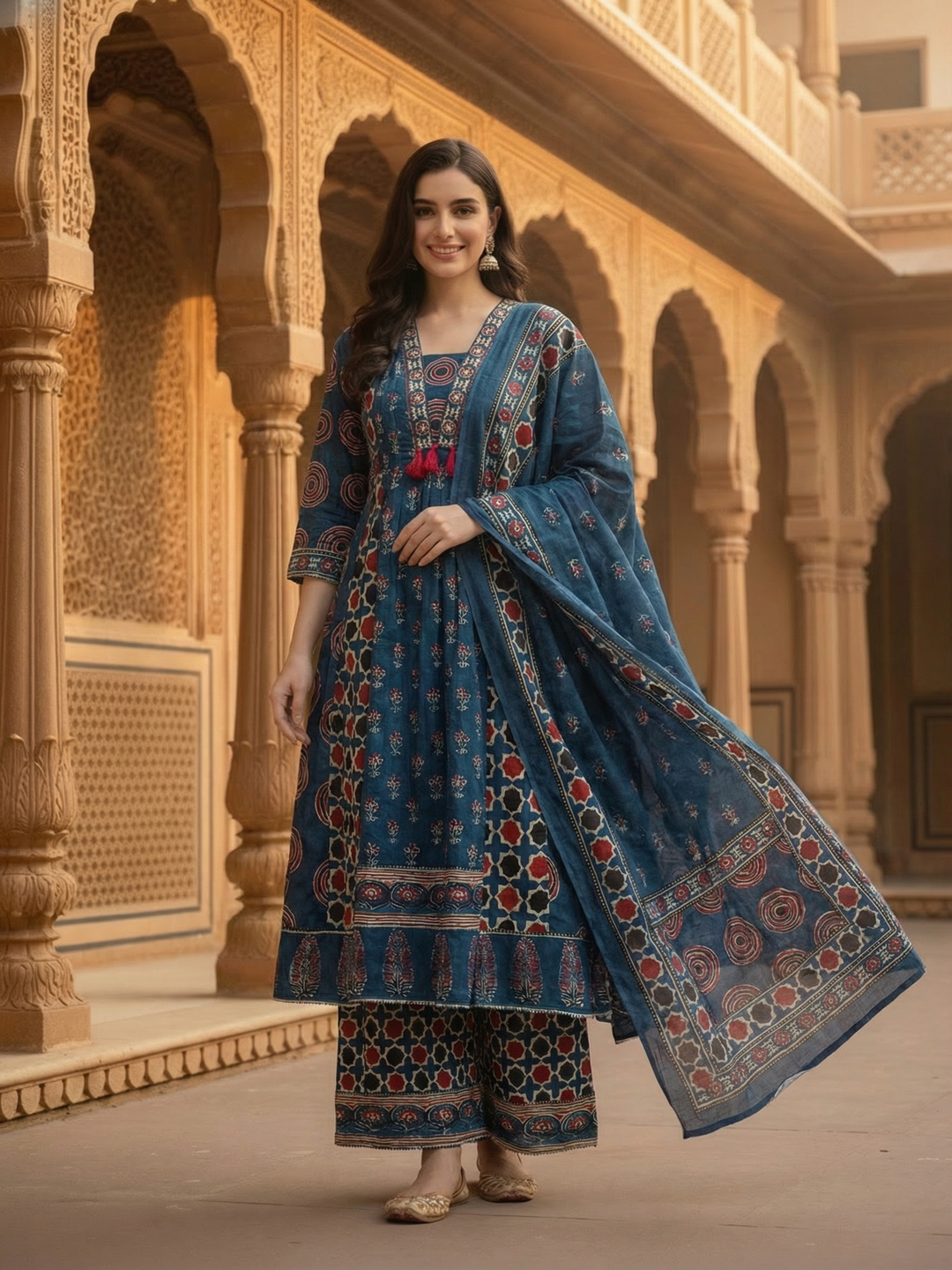 Ajrakh Ethnic Printed Mirror Work Anarkali Kurta with Palazzo & Dupatta - Navy Blue