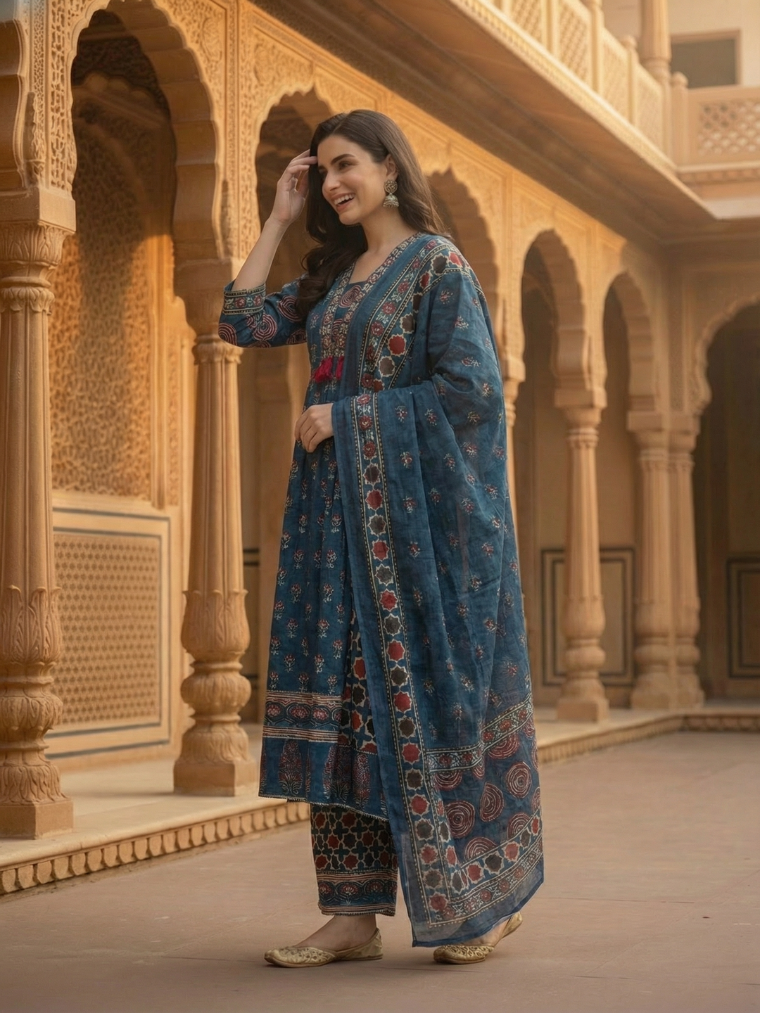 Ajrakh Ethnic Printed Mirror Work Anarkali Kurta with Palazzo & Dupatta - Navy Blue