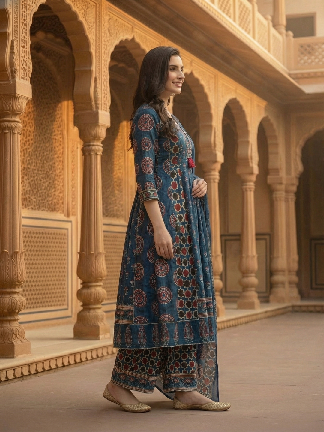Ajrakh Ethnic Printed Mirror Work Anarkali Kurta with Palazzo & Dupatta - Navy Blue