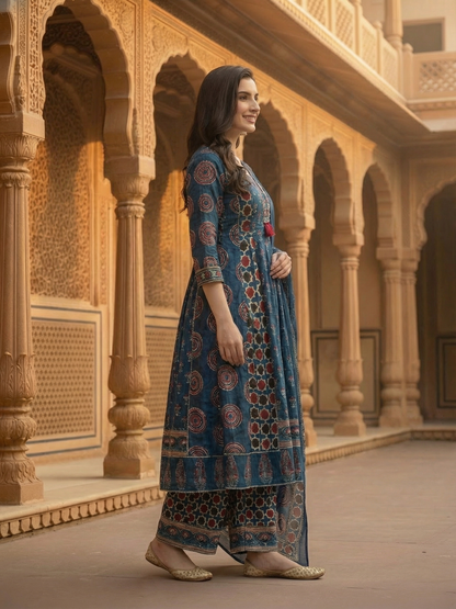 Ajrakh Ethnic Printed Mirror Work Anarkali Kurta with Palazzo & Dupatta - Navy Blue