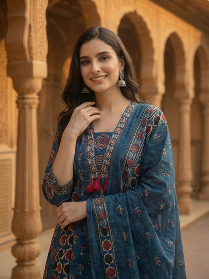 Ajrakh Ethnic Printed Mirror Work Anarkali Kurta with Palazzo & Dupatta - Navy Blue