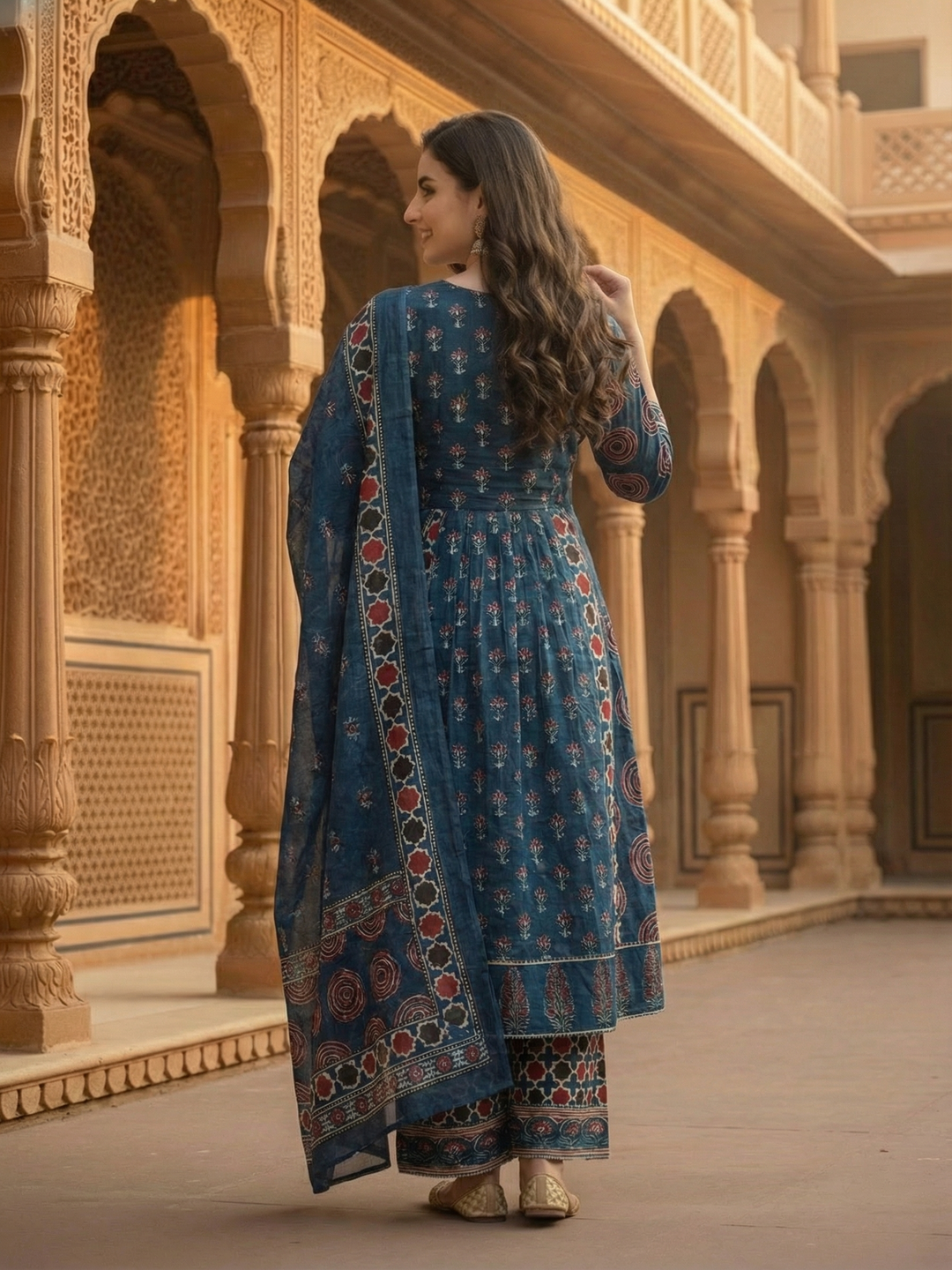 Ajrakh Ethnic Printed Mirror Work Anarkali Kurta with Palazzo & Dupatta - Navy Blue
