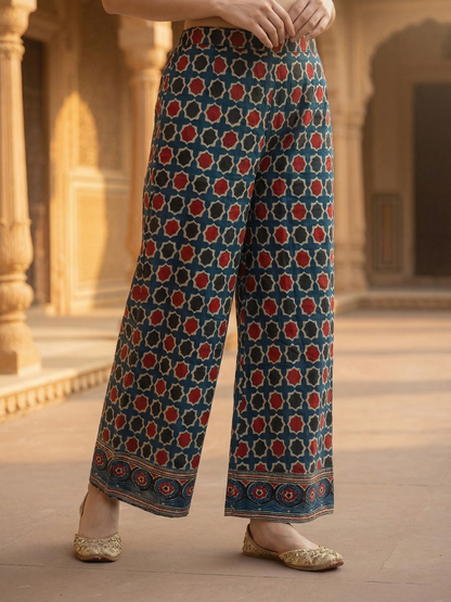 Ajrakh Ethnic Printed Mirror Work Anarkali Kurta with Palazzo & Dupatta - Navy Blue