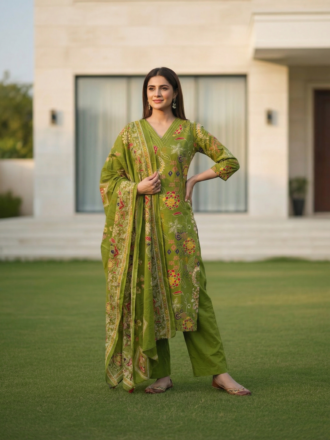 Floral Jaal Printed Straight Kurta with Pyjama & Dupatta - Mehndi Green