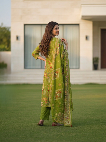 Floral Jaal Printed Straight Kurta with Pyjama & Dupatta - Mehndi Green