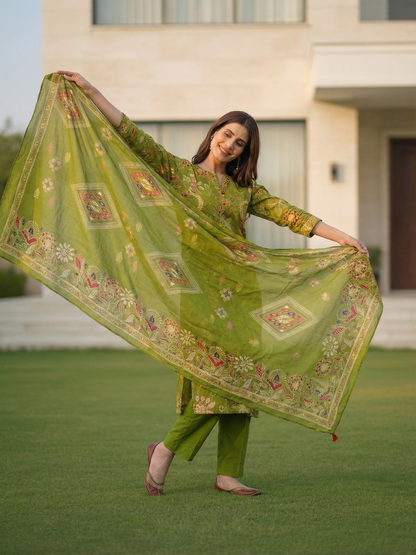 Floral Jaal Printed Straight Kurta with Pyjama & Dupatta - Mehndi Green