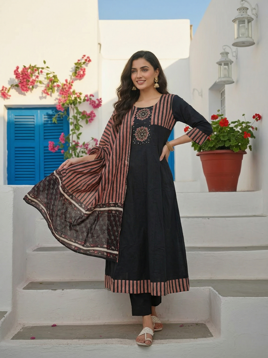 Striped Panel A-Line Kurta Set with Pant & Dupatta - Black & Rust