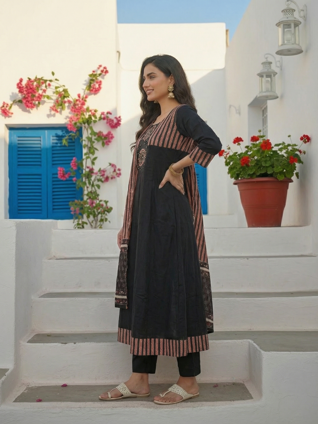 Striped Panel A-Line Kurta Set with Pant & Dupatta - Black & Rust