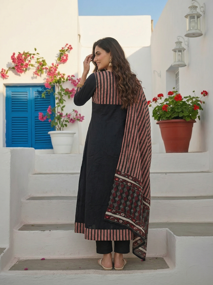 Striped Panel A-Line Kurta Set with Pant & Dupatta - Black & Rust