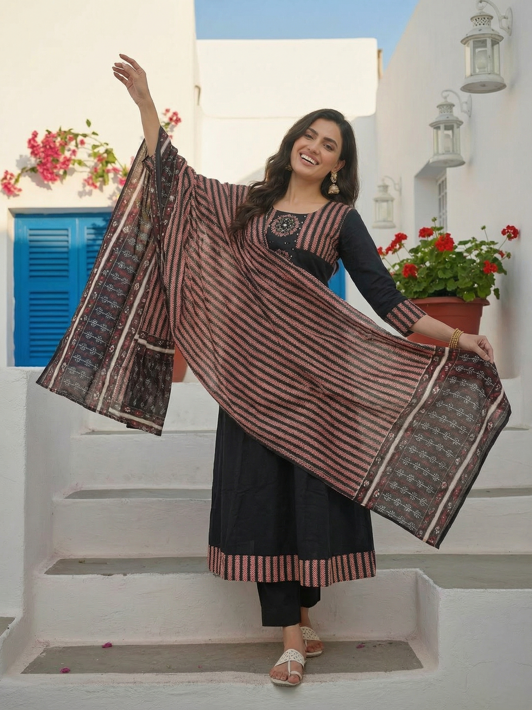 Striped Panel A-Line Kurta Set with Pant & Dupatta - Black & Rust