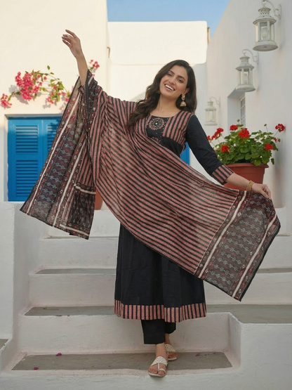 Striped Panel A-Line Kurta Set with Pant & Dupatta - Black & Rust