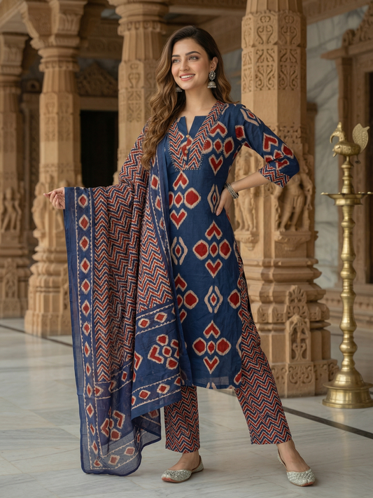 Printed Straight Kurta with Pant & Dupatta - Indigo Blue