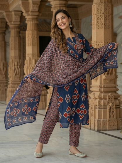 Printed Straight Kurta with Pant & Dupatta - Indigo Blue