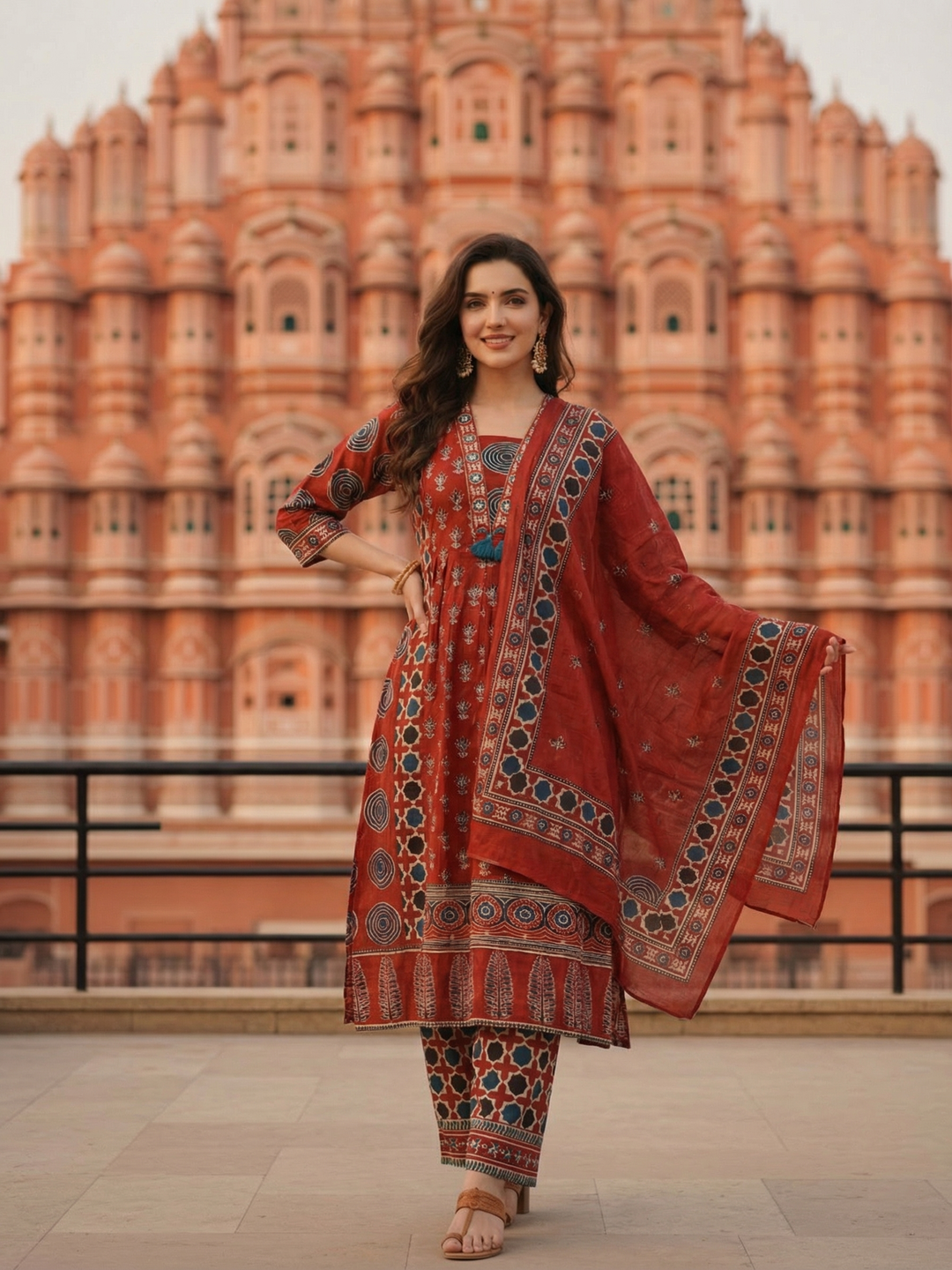 Ajrakh Ethnic Printed Mirror Work Anarkali Kurta with Palazzo & Dupatta - Maroon