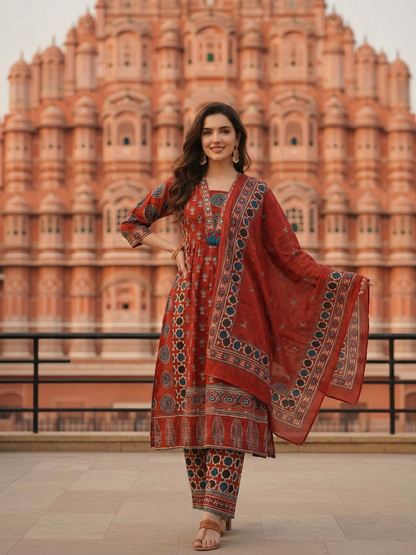 Ajrakh Ethnic Printed Mirror Work Anarkali Kurta with Palazzo & Dupatta - Maroon