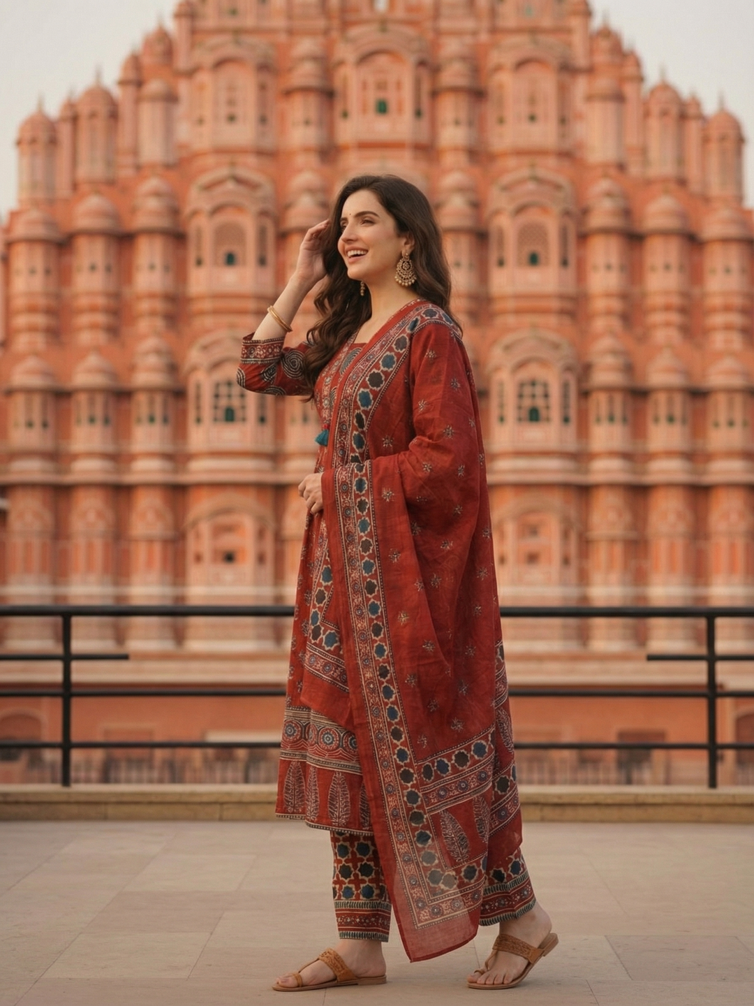 Ajrakh Ethnic Printed Mirror Work Anarkali Kurta with Palazzo & Dupatta - Maroon