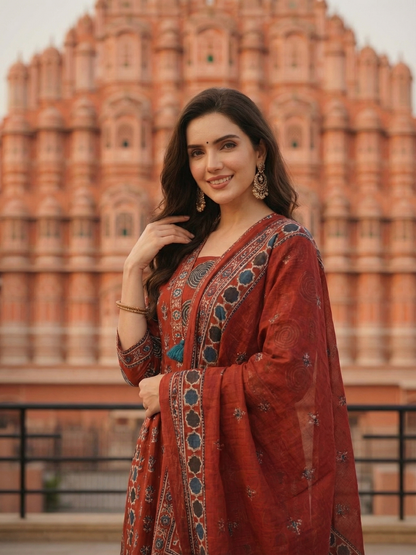 Ajrakh Ethnic Printed Mirror Work Anarkali Kurta with Palazzo & Dupatta - Maroon