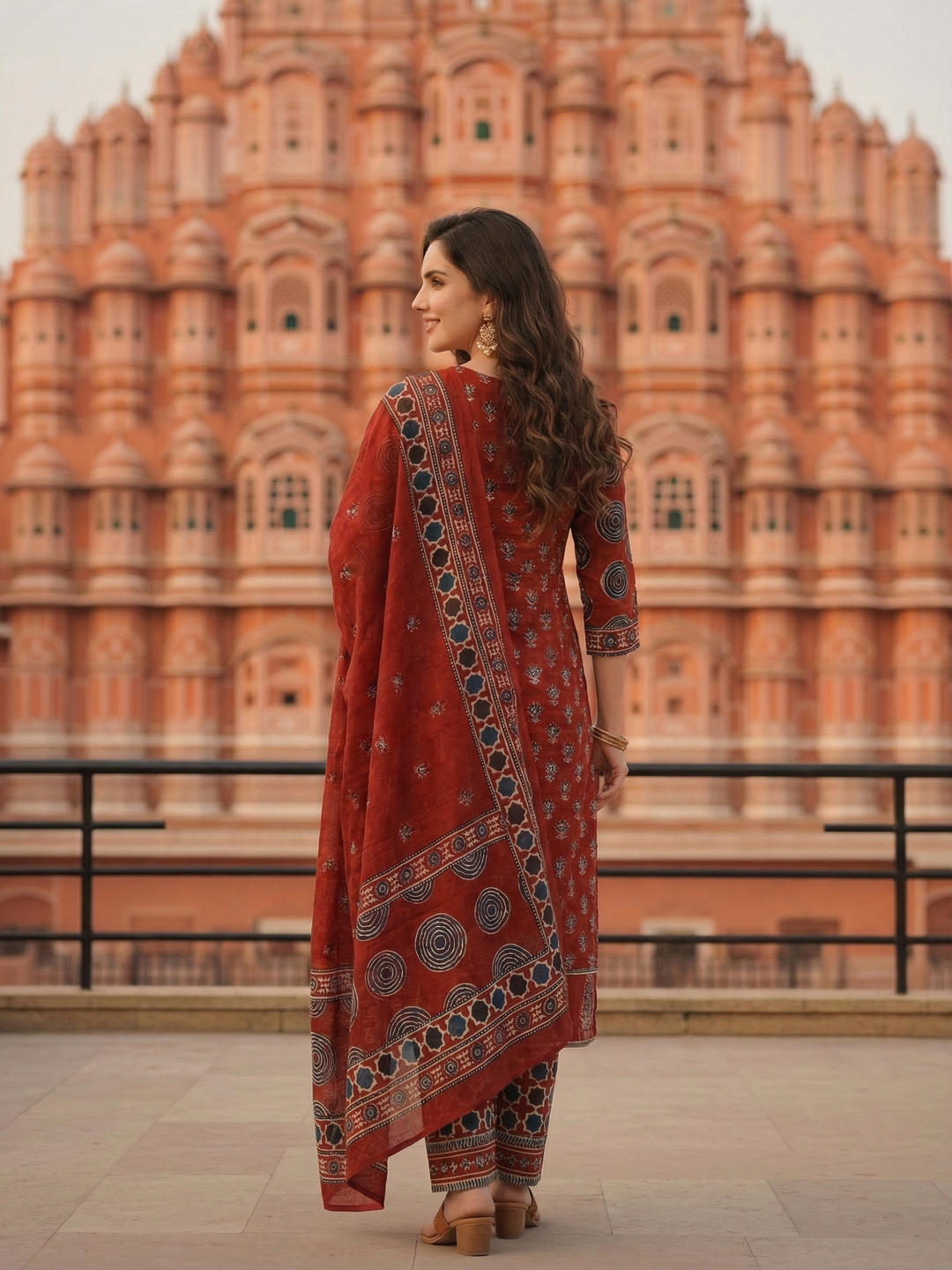 Ajrakh Ethnic Printed Mirror Work Anarkali Kurta with Palazzo & Dupatta - Maroon