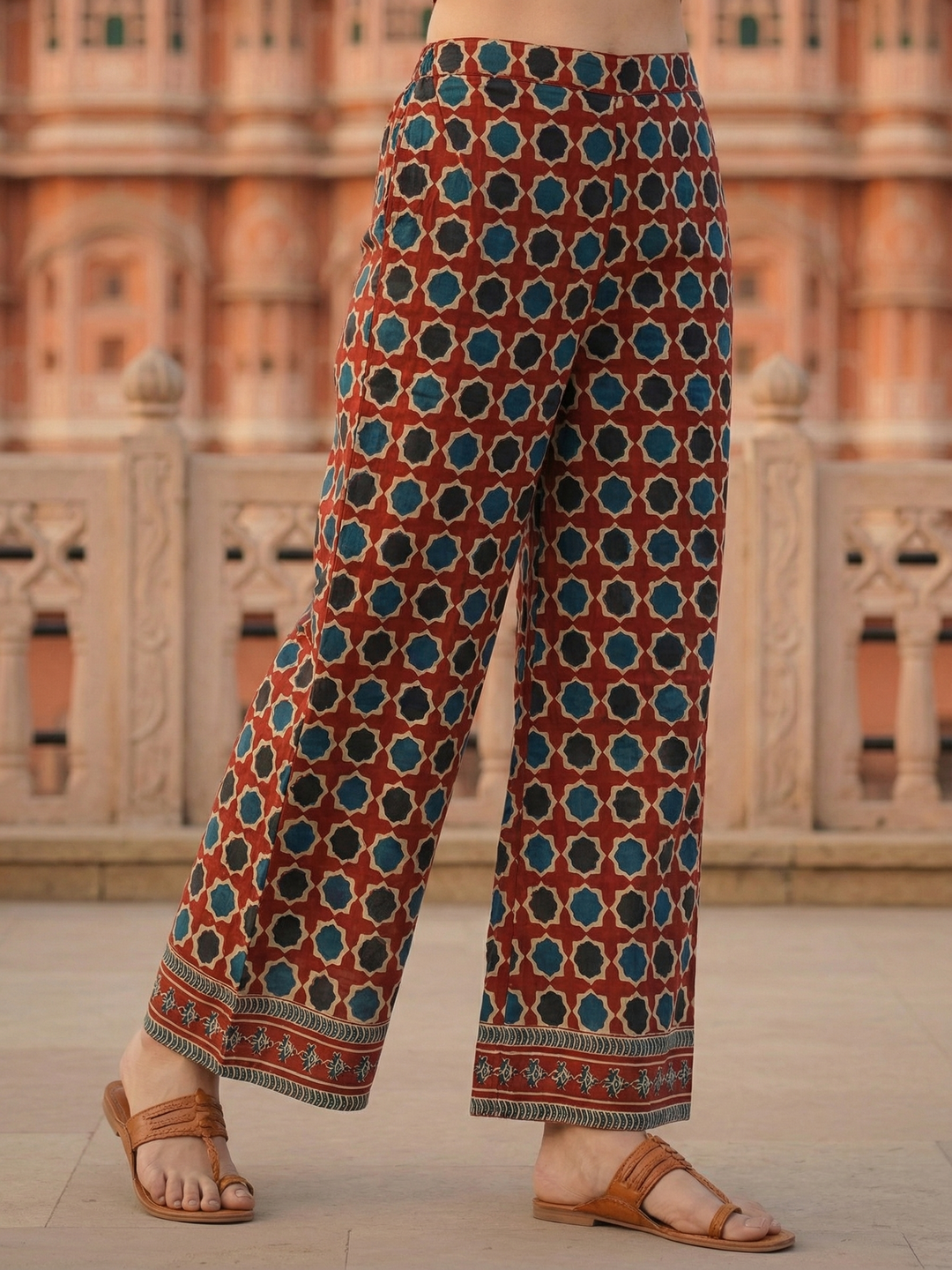 Ajrakh Ethnic Printed Mirror Work Anarkali Kurta with Palazzo & Dupatta - Maroon