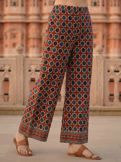 Ajrakh Ethnic Printed Mirror Work Anarkali Kurta with Palazzo & Dupatta - Maroon